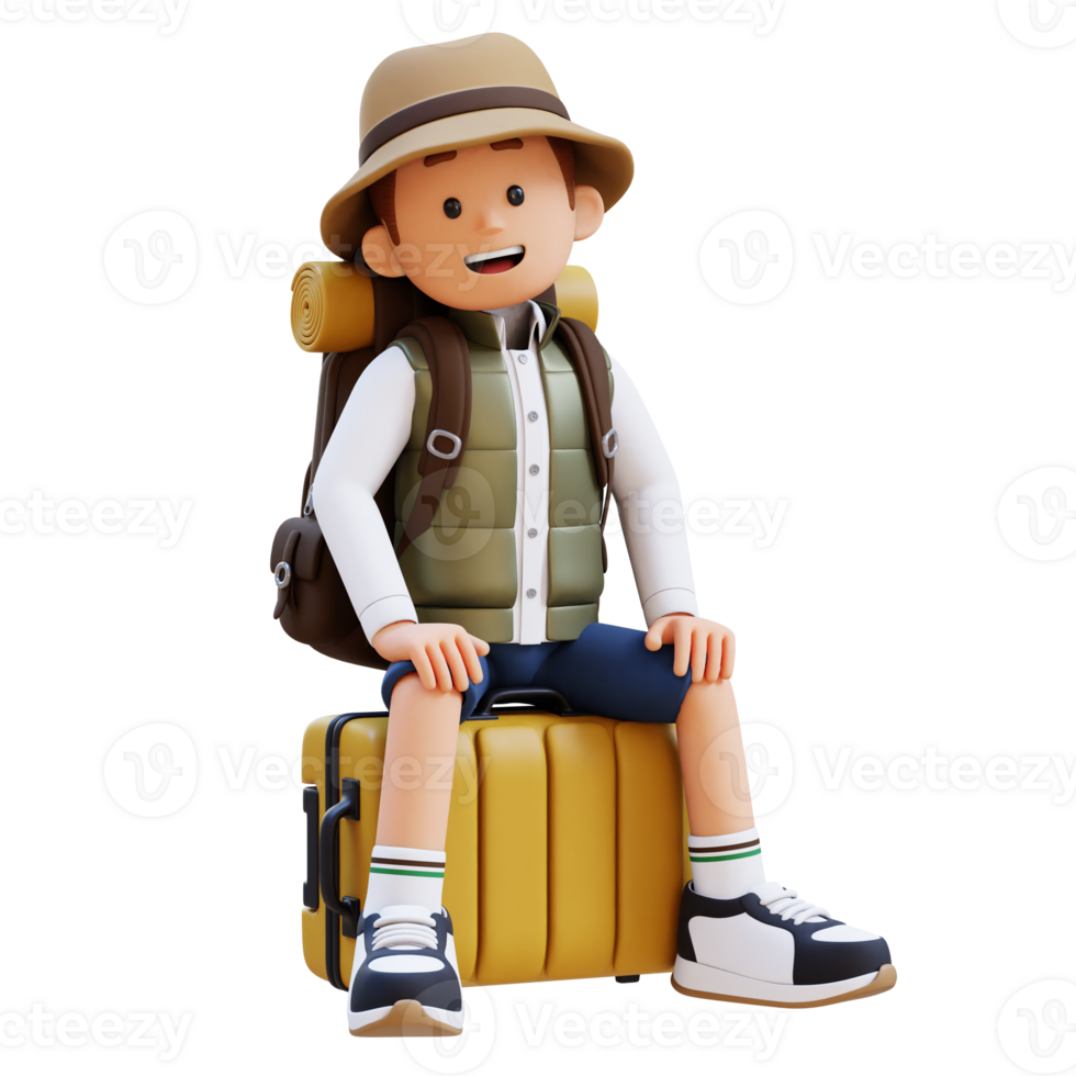 3D Traveller Character Sitting on a Suitcase png