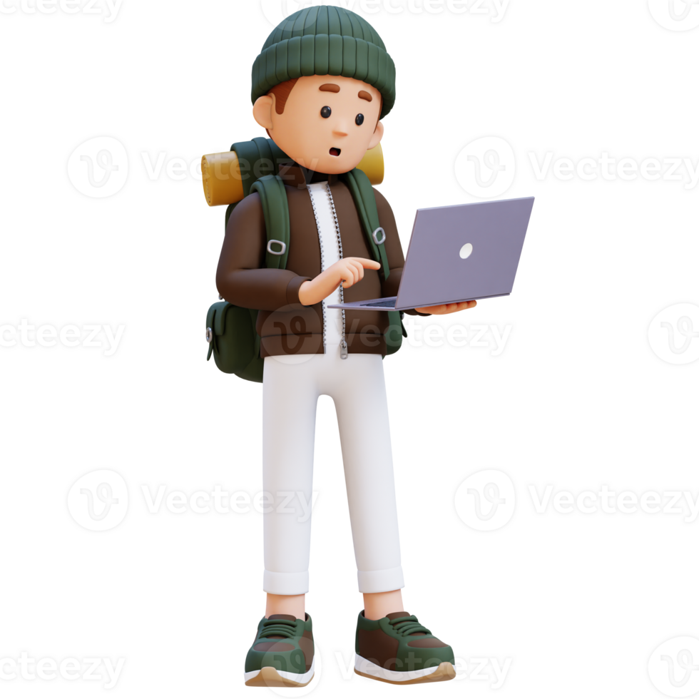 3D Traveller Character Working on a Laptop png