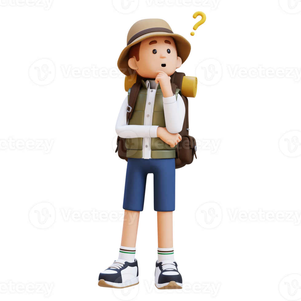 3D Traveller Character Confused and Thinking Pose png