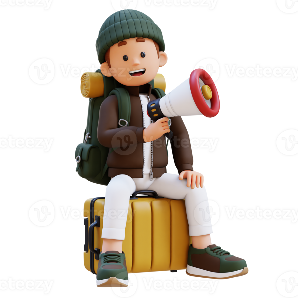 3D Traveller Character Sitting on a Suitcase and holding megaphone png