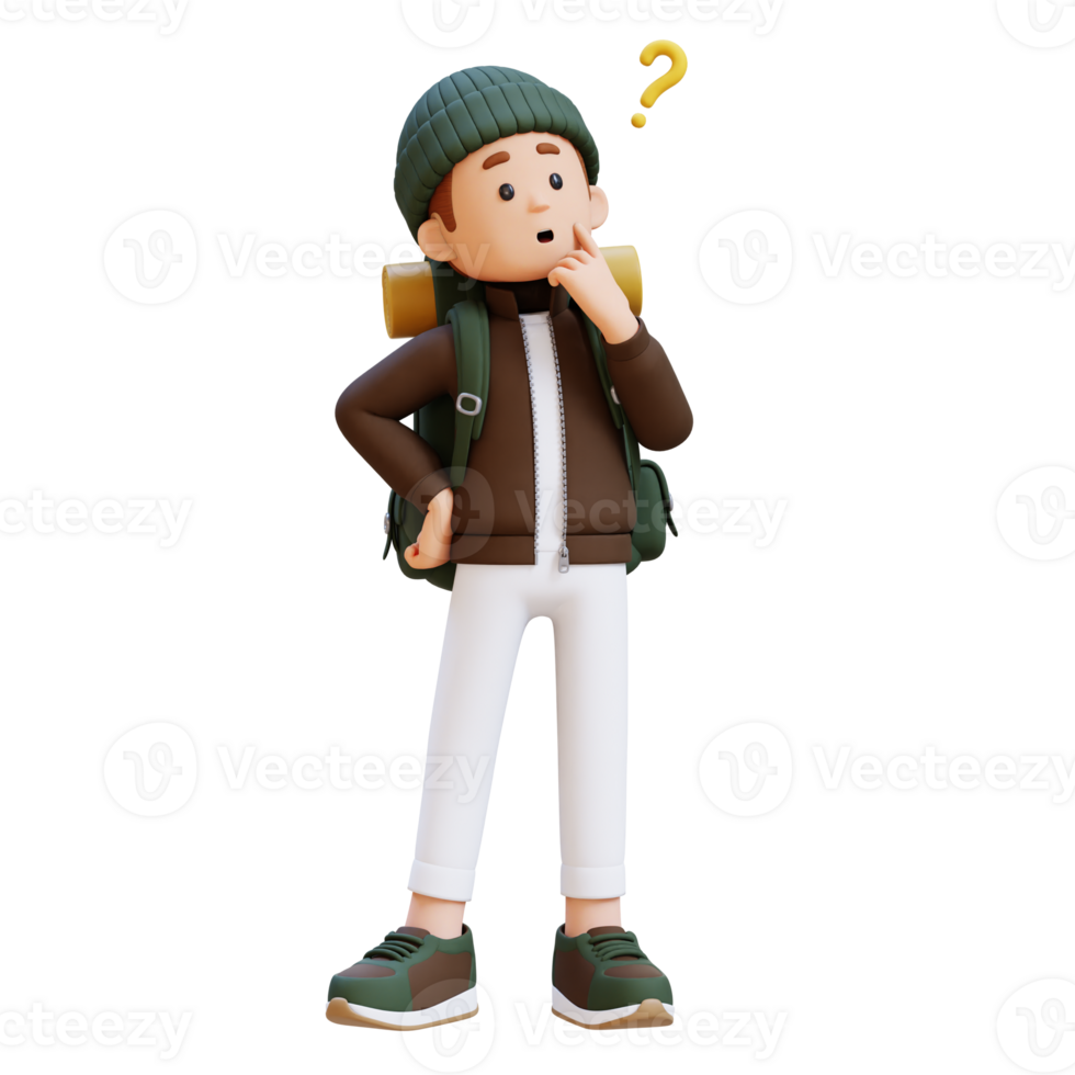 3D Traveller Character Confused and Thinking Pose png