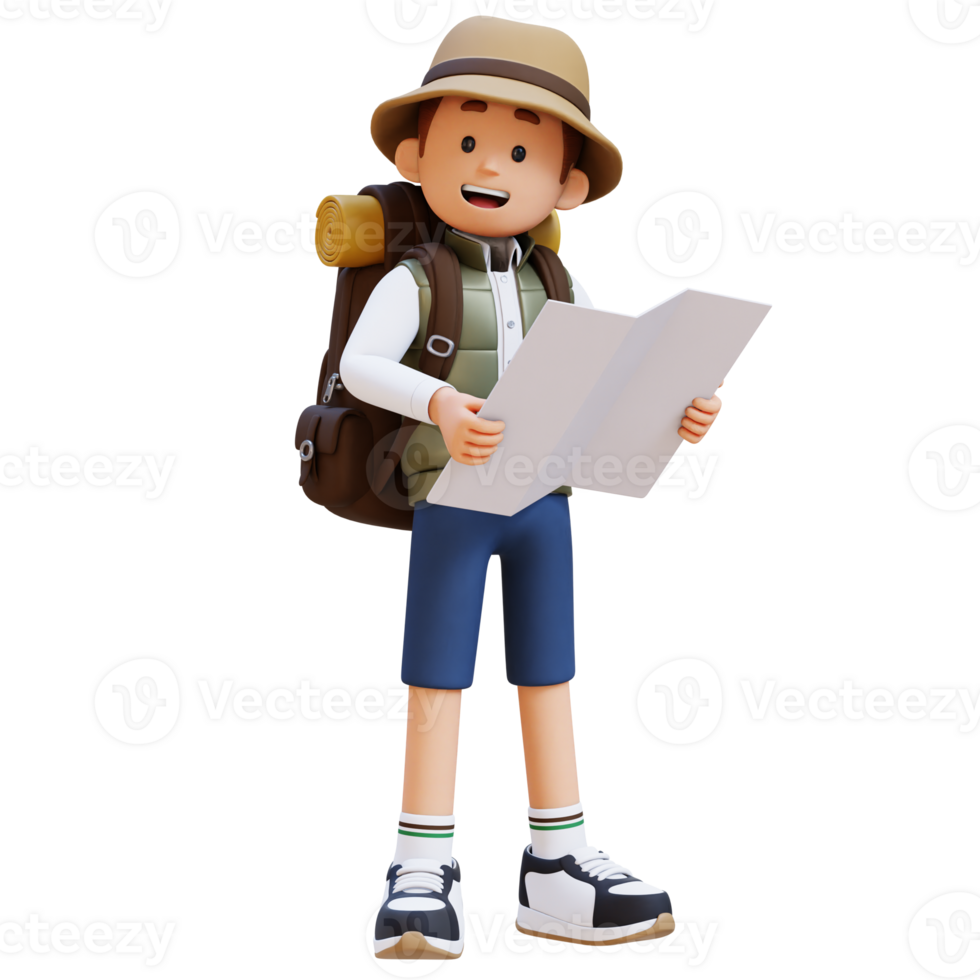 3d viajero personaje en pie y participación mapa png