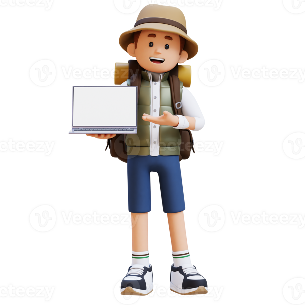 3D Traveller Character Presenting on Empty Computer Screen png