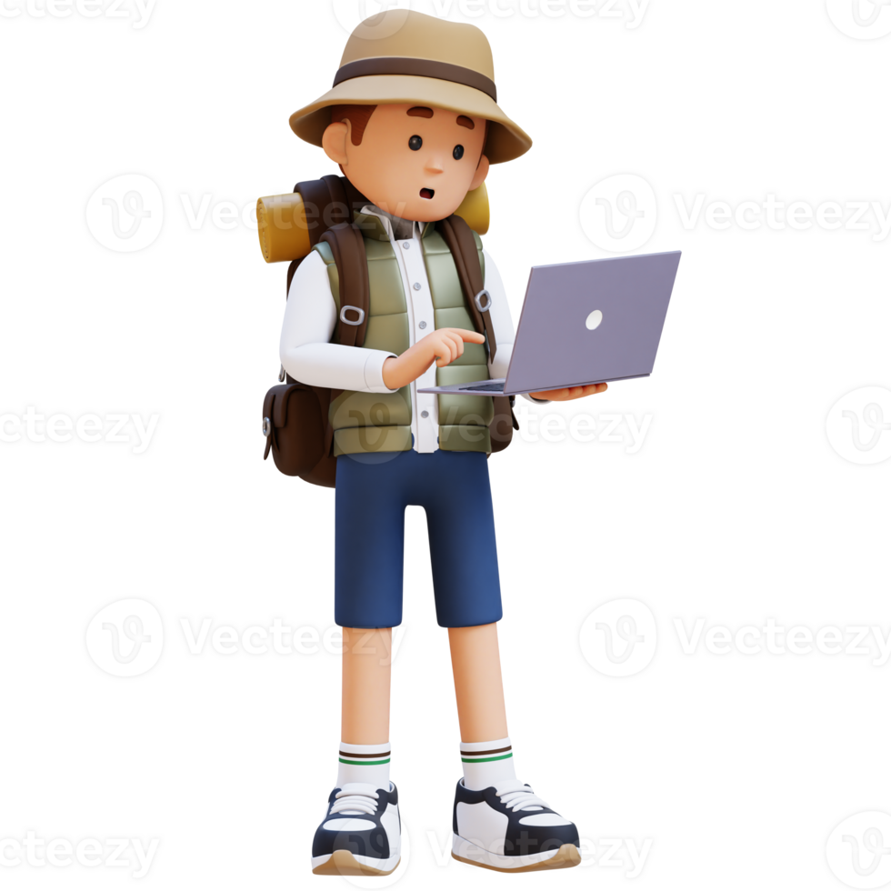 3D Traveller Character Working on a Laptop png