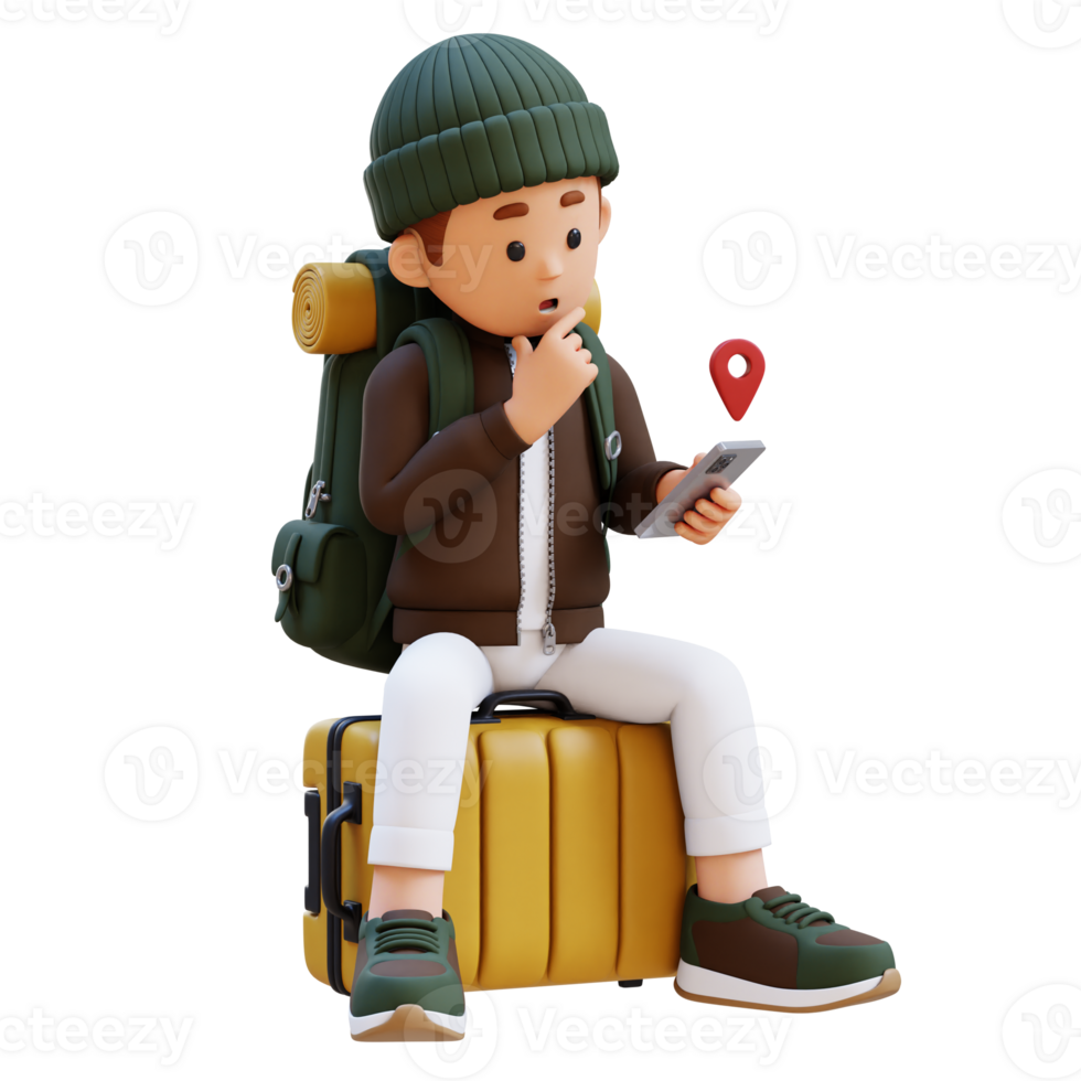 3D Traveller Character Sitting on a Suitcase and checking the GPS Location on smart phone png
