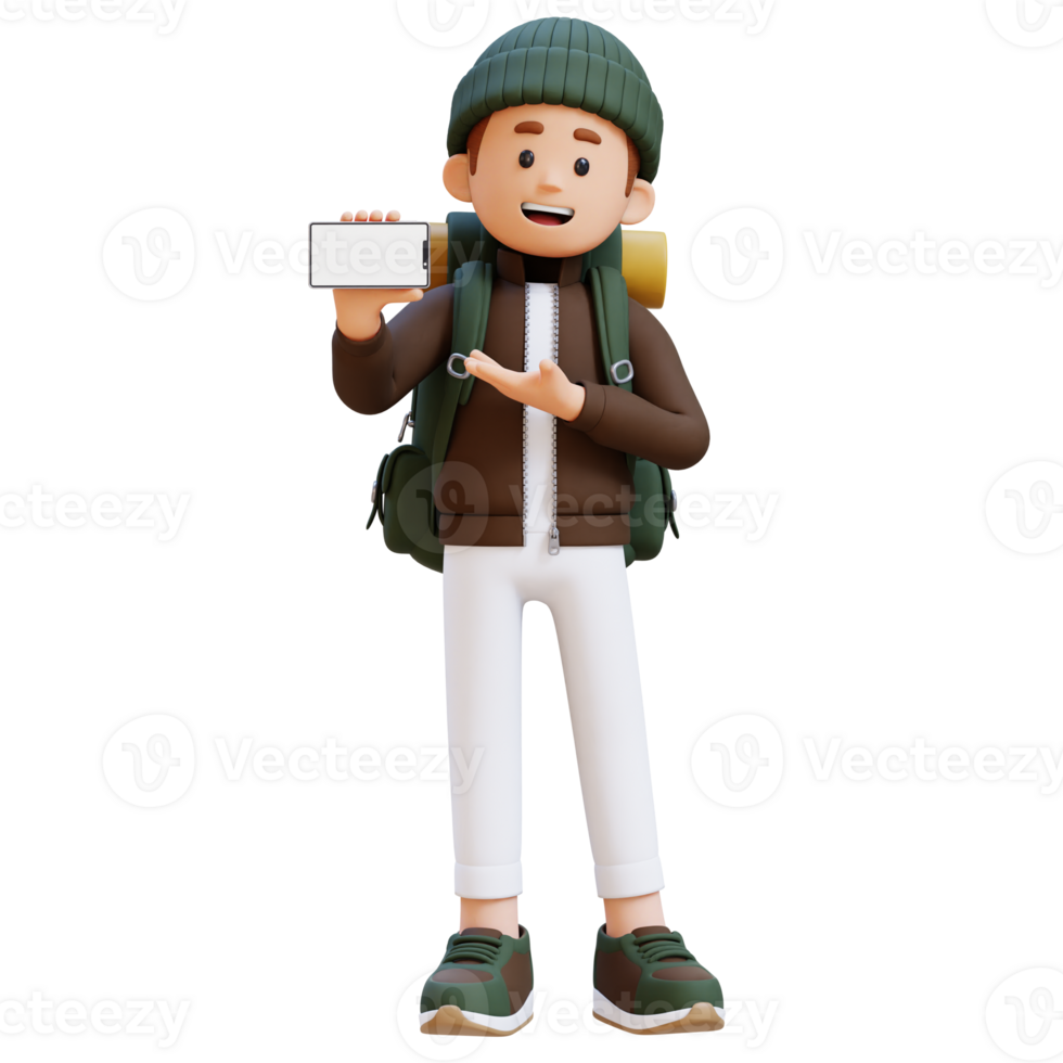3D Traveller Character Presenting on Empty Phone Screen png