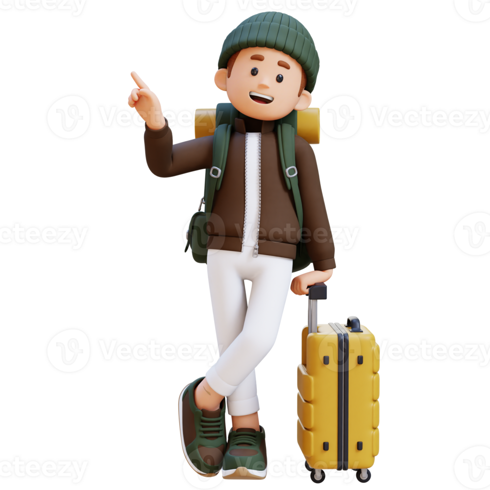 3D Traveller Character Lying on Suitcase while pointing up png