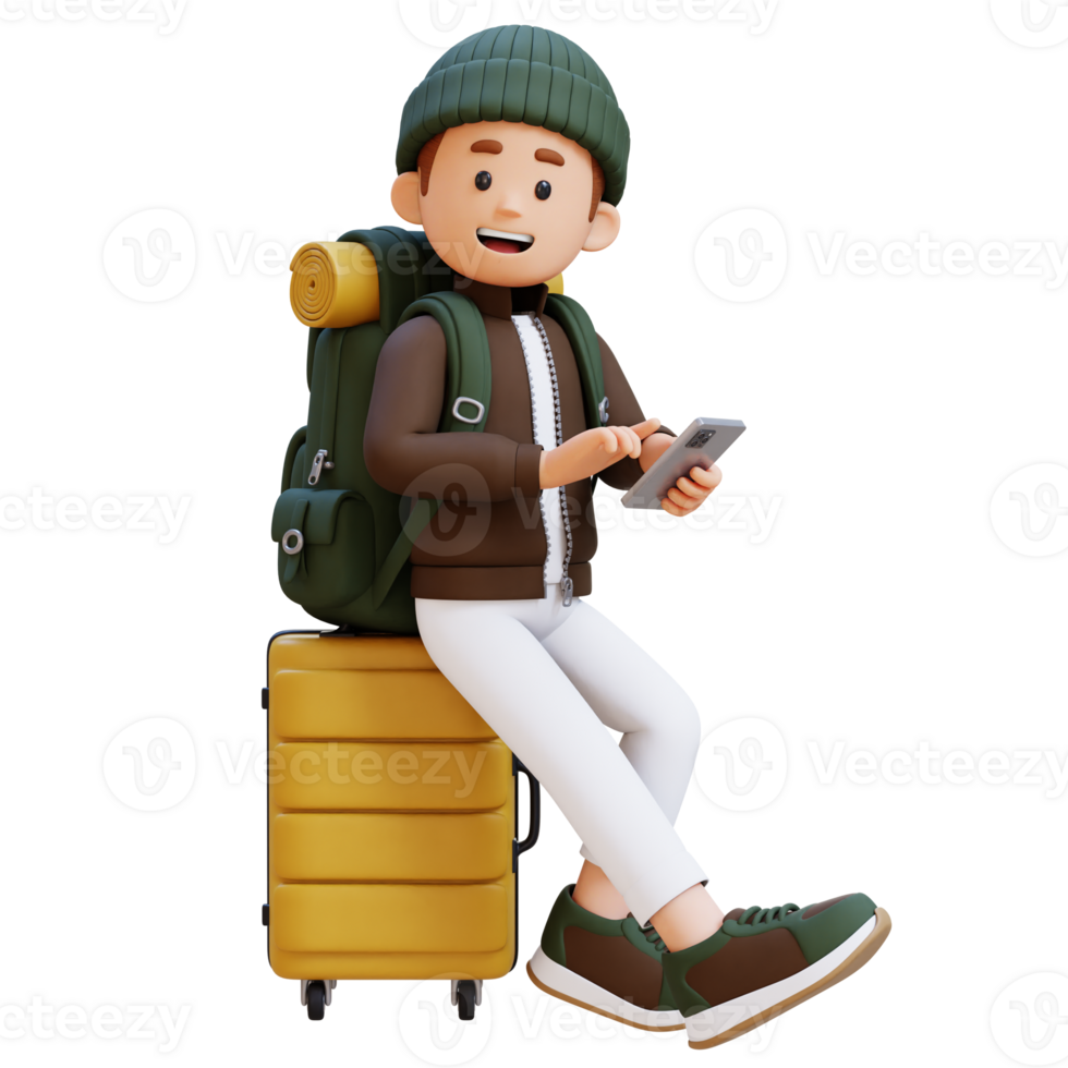 3D Traveller Character Sitting on a Suitcase and holding smart phone png
