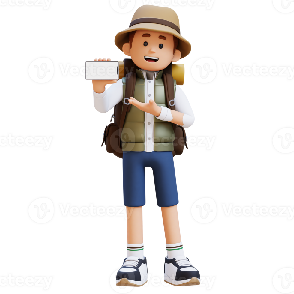 3D Traveller Character Presenting on Empty Phone Screen png