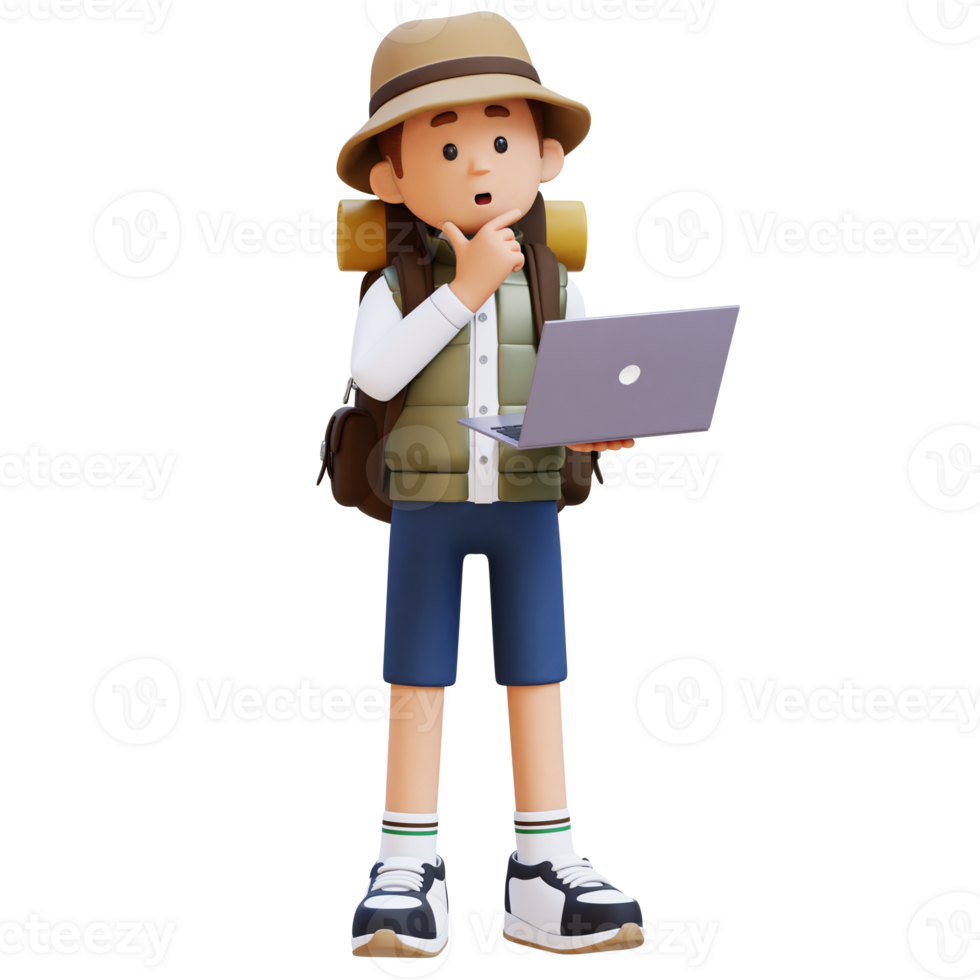 3D Traveller Character Thinking While Working on a Laptop png