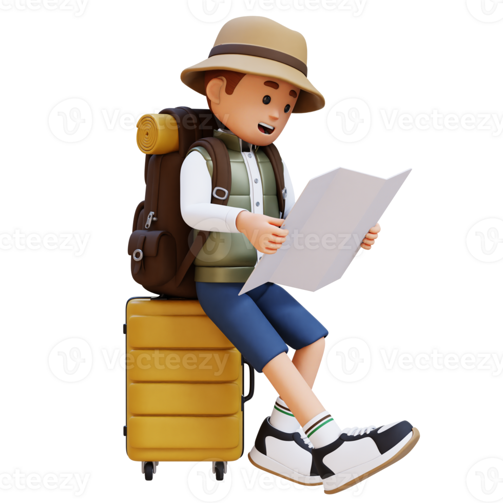 3D Traveller Character Sitting on a Suitcase and Checking the Map png