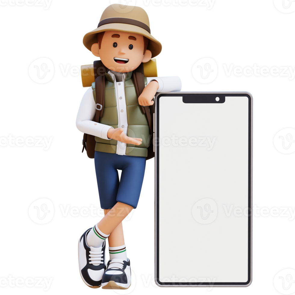 3D Traveller Character Presenting and Lying on Big Empty Phone Screen png