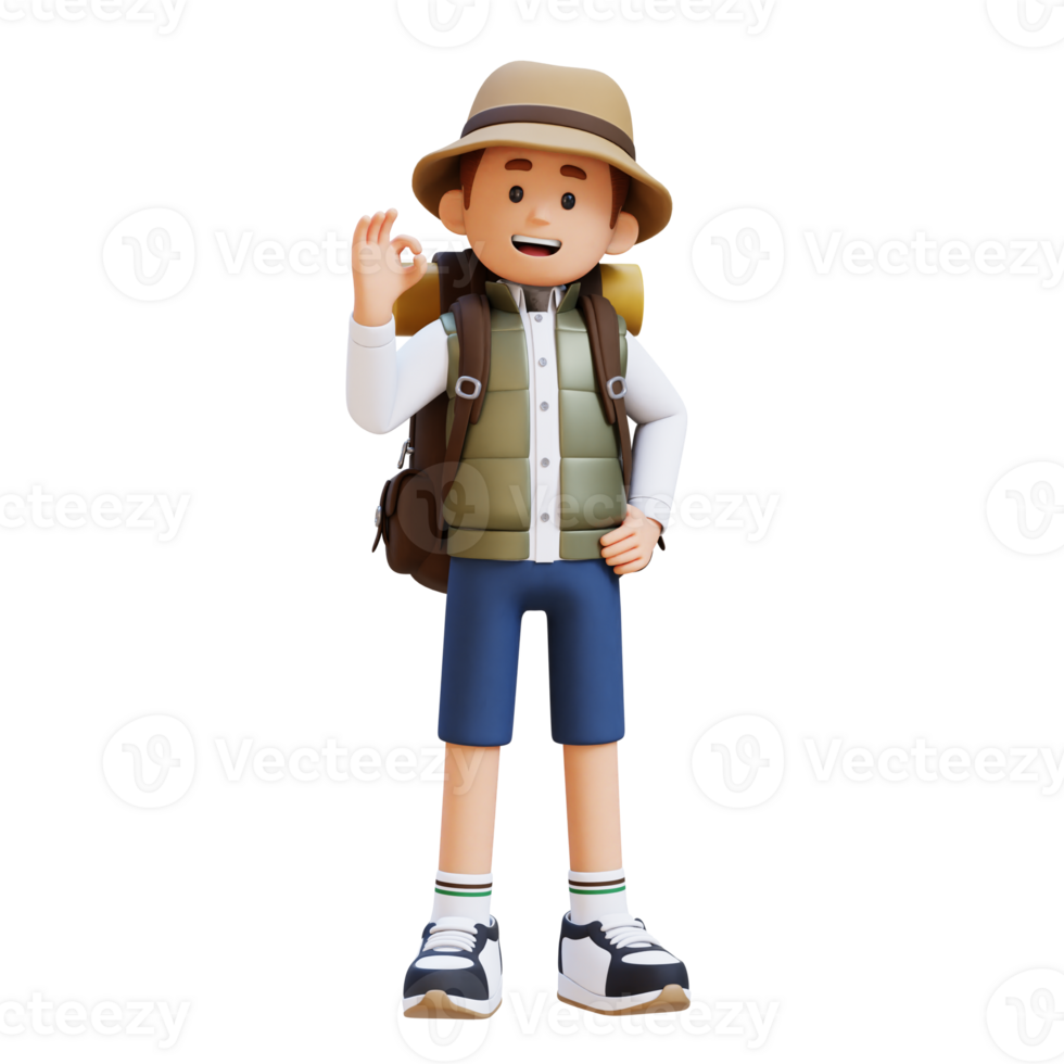 3D Traveller Character with OK Sign Hand Pose png