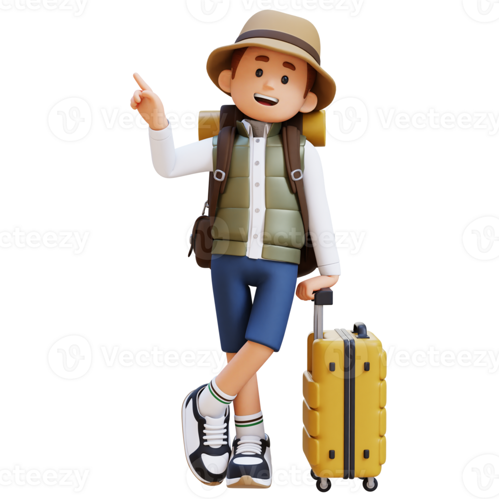 3D Traveller Character Lying on Suitcase while pointing up png