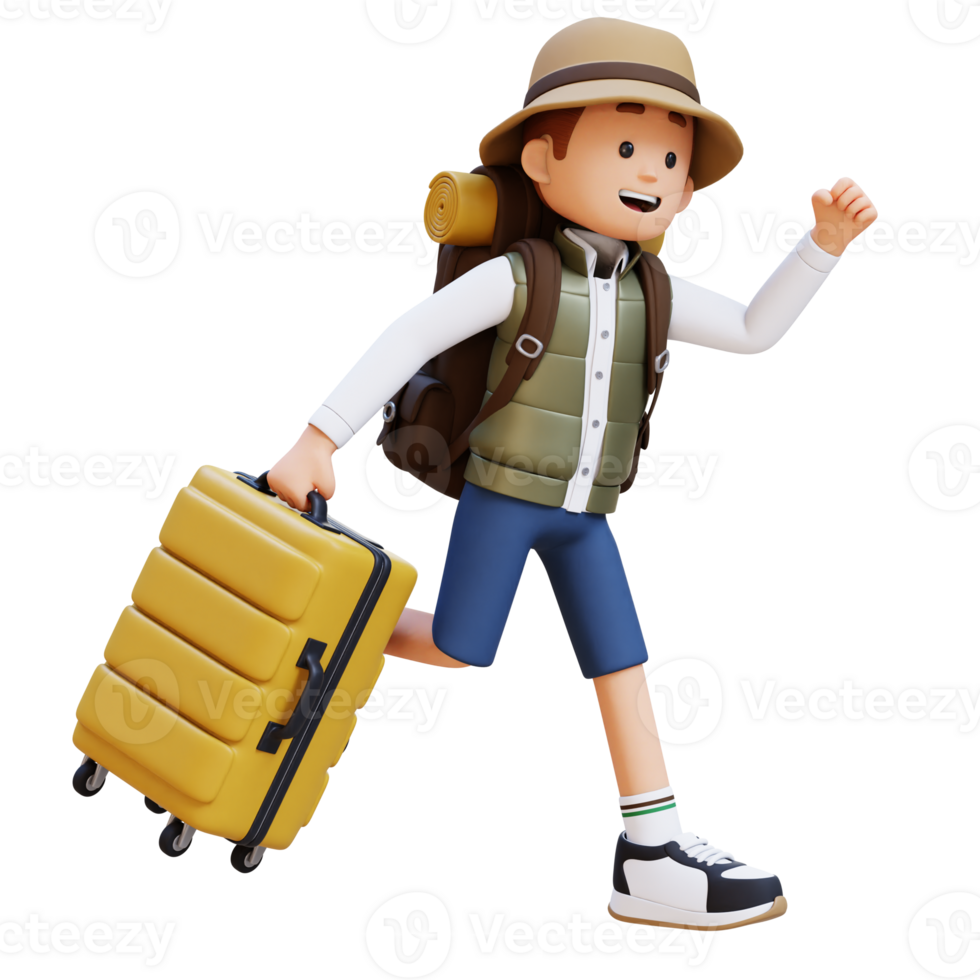 3D Traveller Character Running with Suitcase png