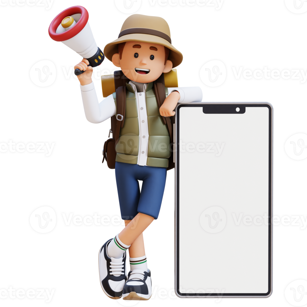 3D Traveller Character Holding Megaphone and Lying on Big Empty Phone Screen png