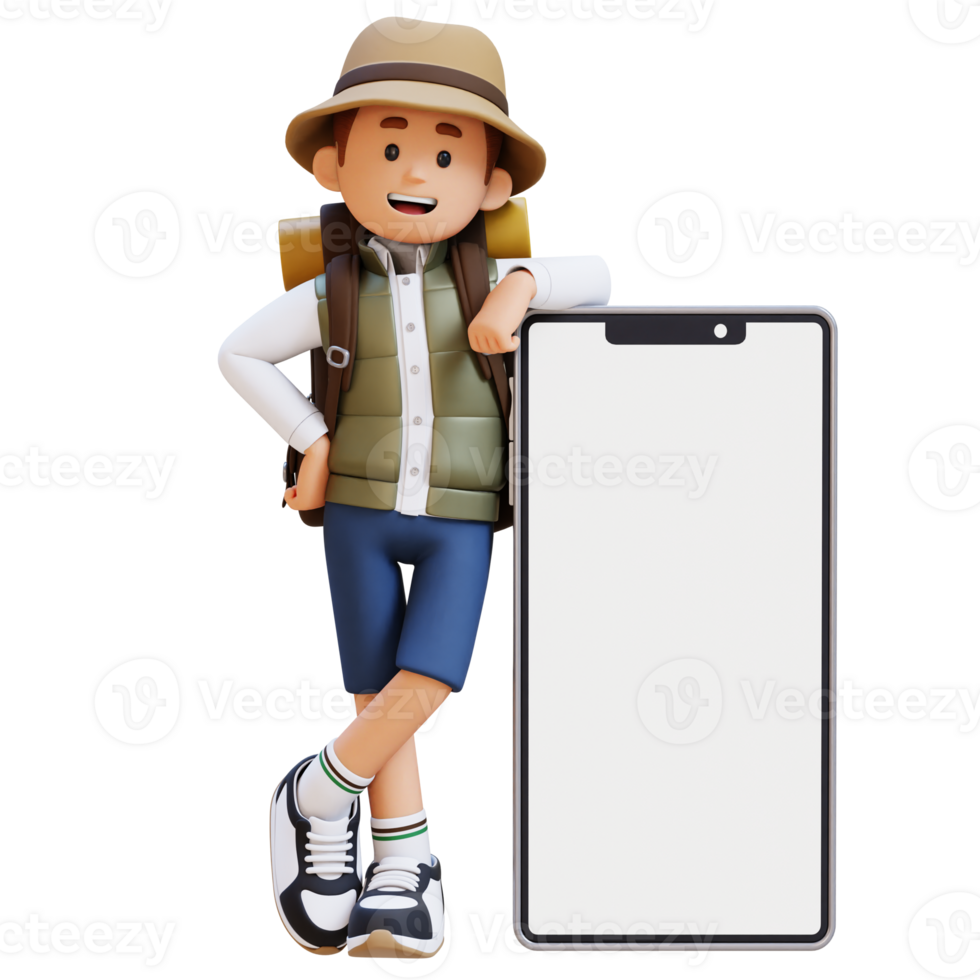 3D Traveller Character Lying on Large Empty Phone Screen png