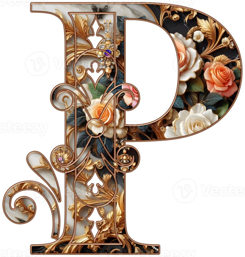 Gold floral alphabet png