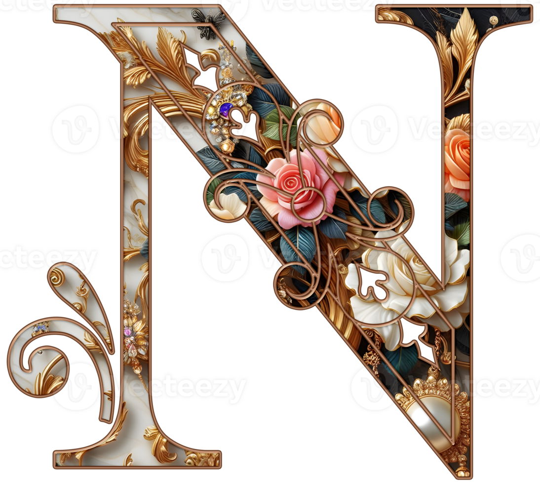 Gold floral alphabet png
