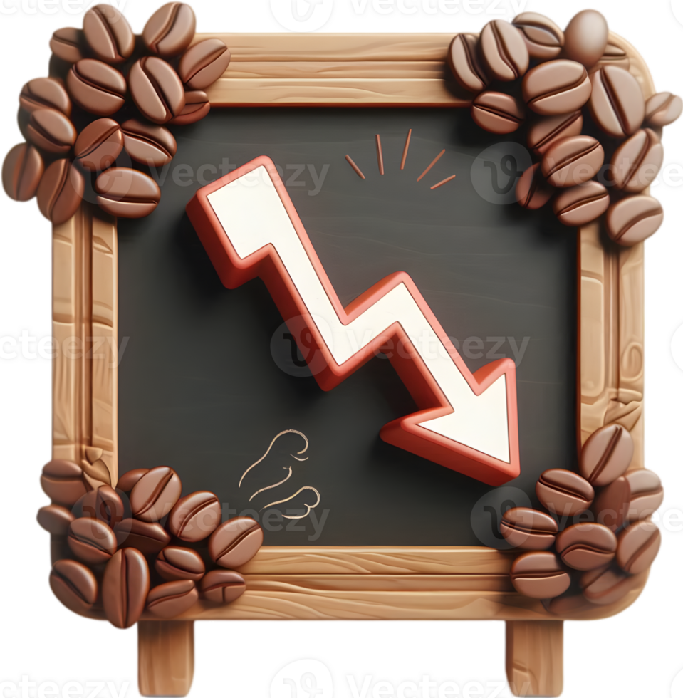 Isometric 3d Flat icon as Blackboard with Coffee Beans and Downward Arrow concept as A blackboard featuring coffee beans and a downward arrow set against a whimsical background off png