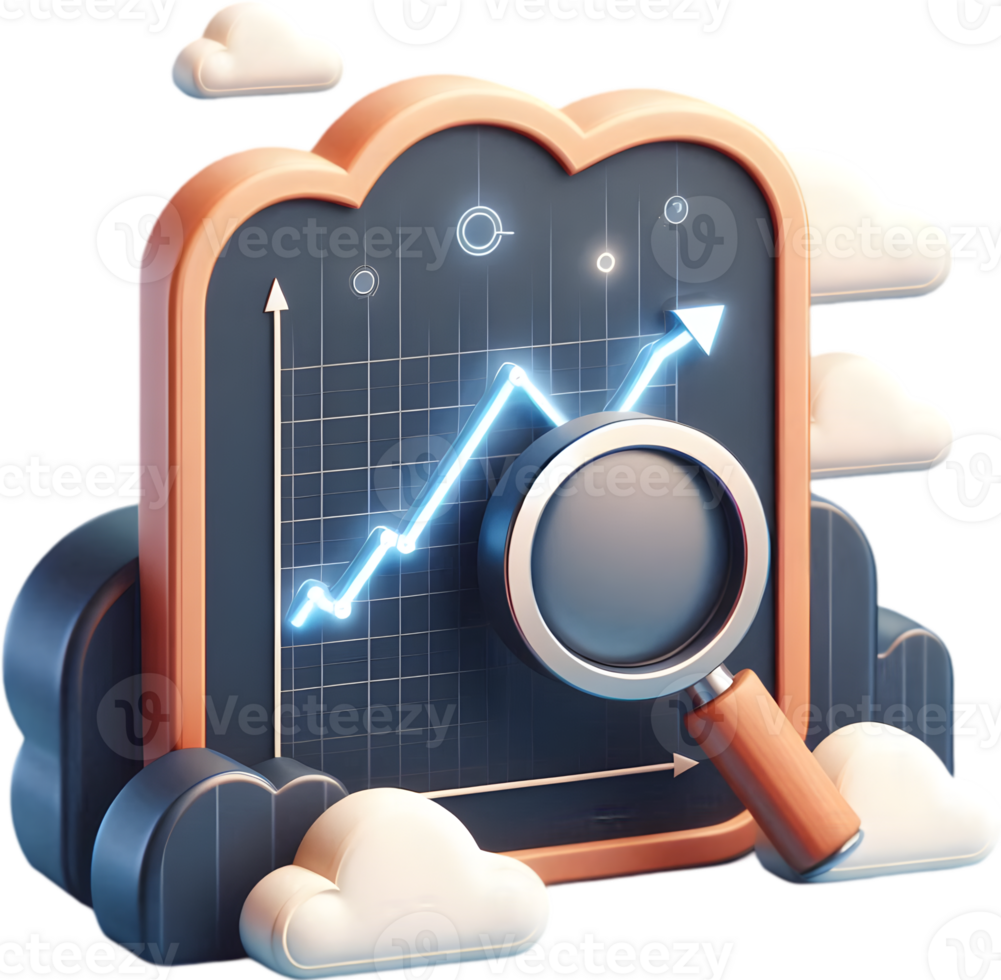 Isometric 3d Flat icon as Blackboard with Line Graph and Magnifying Glass concept as A blackboard with a line graph and a magnifying glass set against a dreamy background offering png