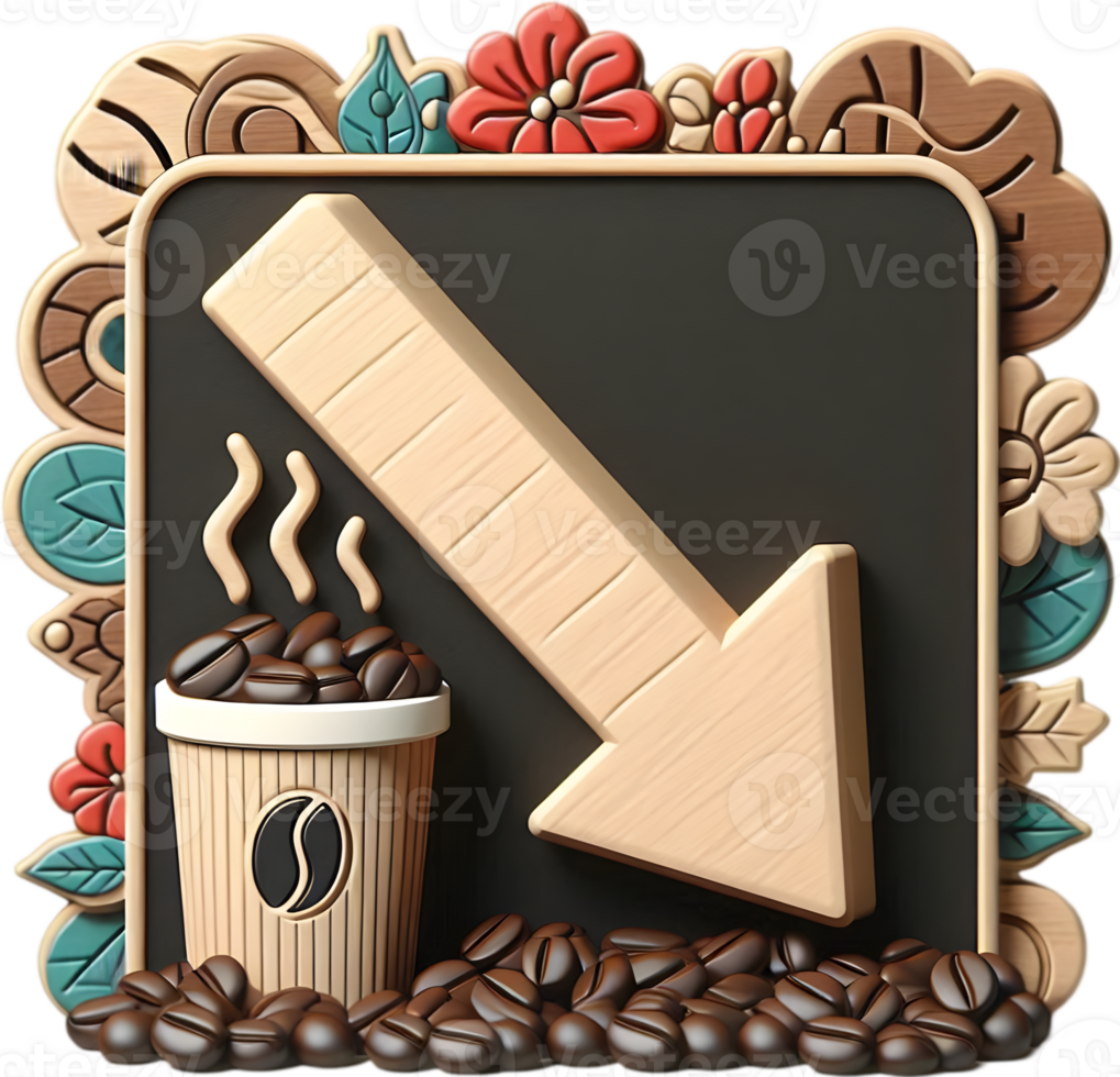 Isometric 3d Flat icon as Blackboard with Coffee Beans and Downward Arrow concept as A blackboard featuring coffee beans and a downward arrow set against a whimsical background off png