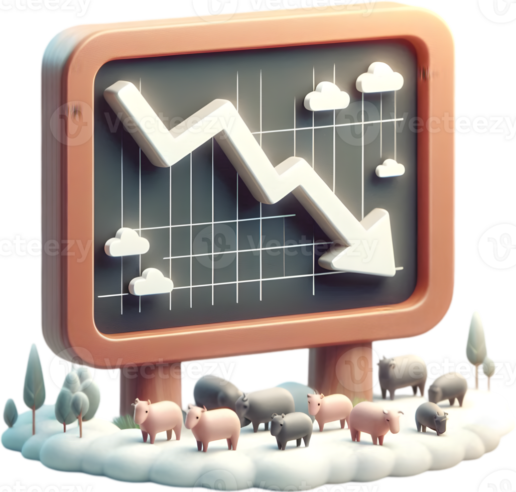 Isometric 3d Flat icon as Blackboard with Livestock and Downward Curve ...