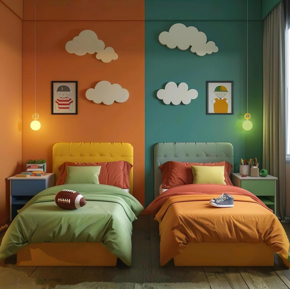 Blue and orange color of bedroom with bed and pillows photo