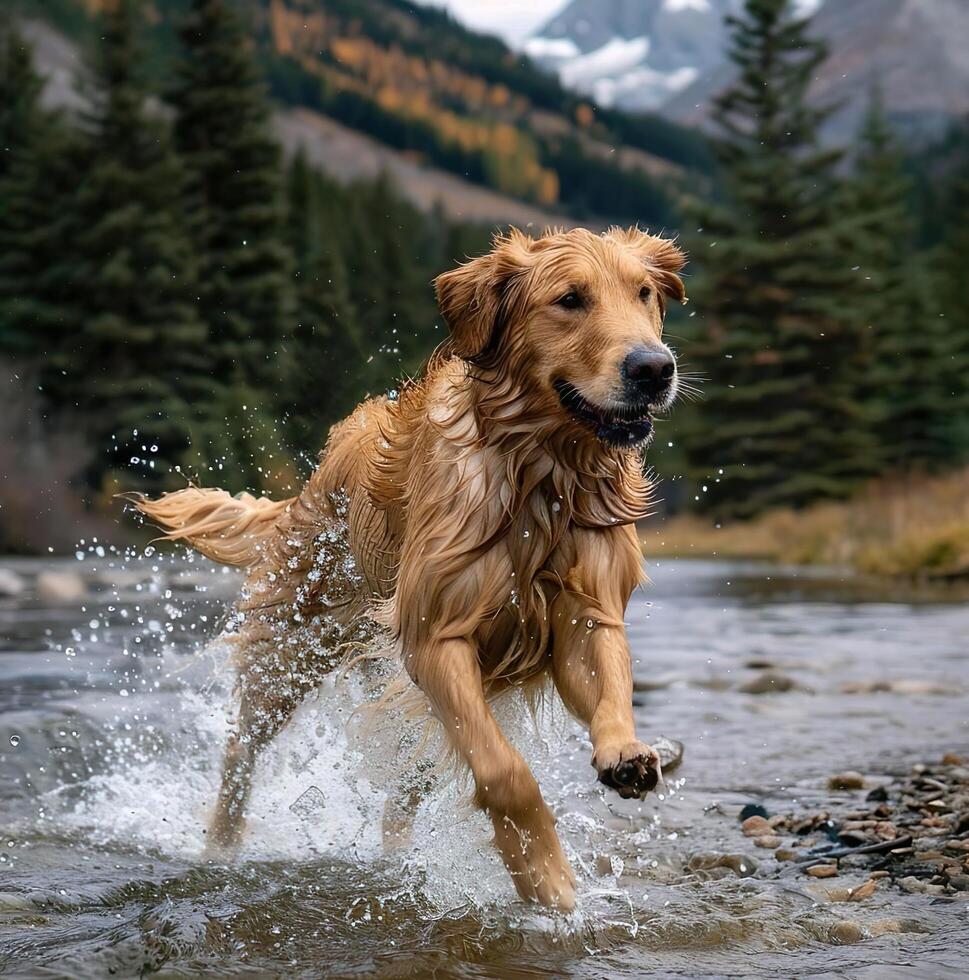 golden retriever running in the river at the forest photo