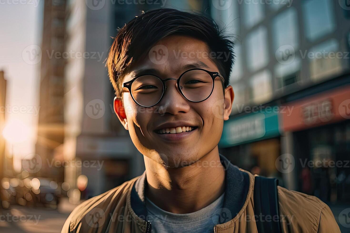 Smiling happy young student Asian man in sunglasses in the city center with flowing hair and in the sunlight. Portrait, UV protection, optics. photo
