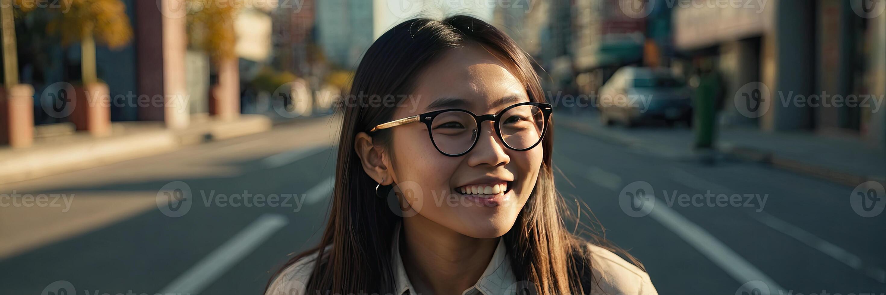 Smiling happy young student Asian woman in glasses in the city center with flowing hair and in the sunlight. Portrait, glasses for vision, optics. photo