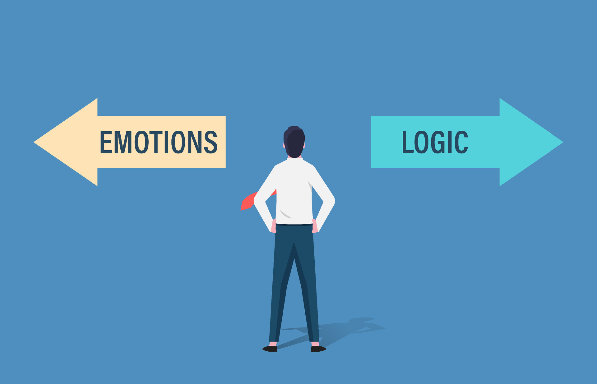 Emotions vs logic concept with businessman stand between arrows in