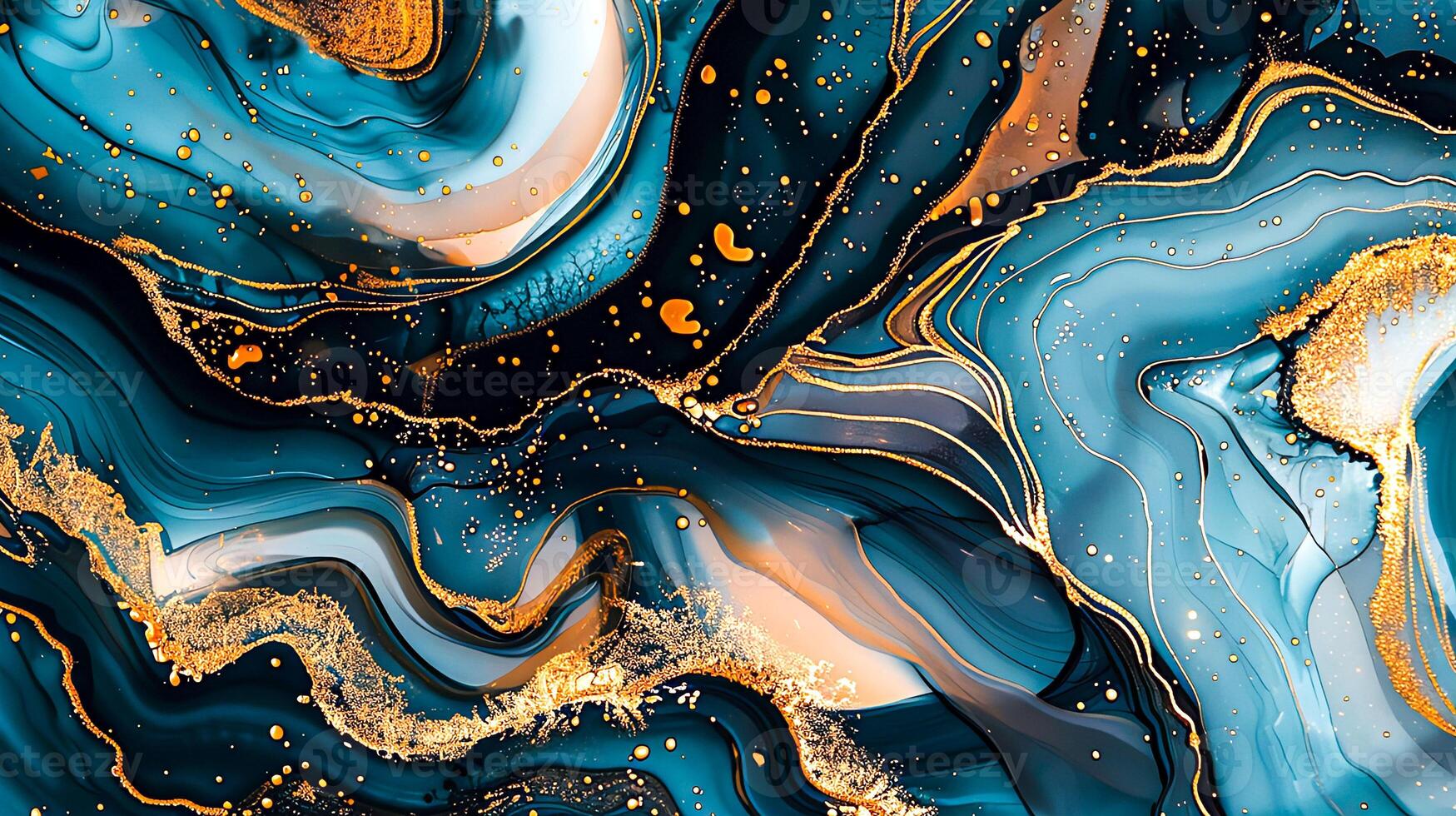 Modern Artistic Design with Gold, Blue, Grey, and Turquoise Accents, Fluid Ink and Watercolor Patterns, Abstract Waves and Swirls, and Luxurious Marble Texture Background photo