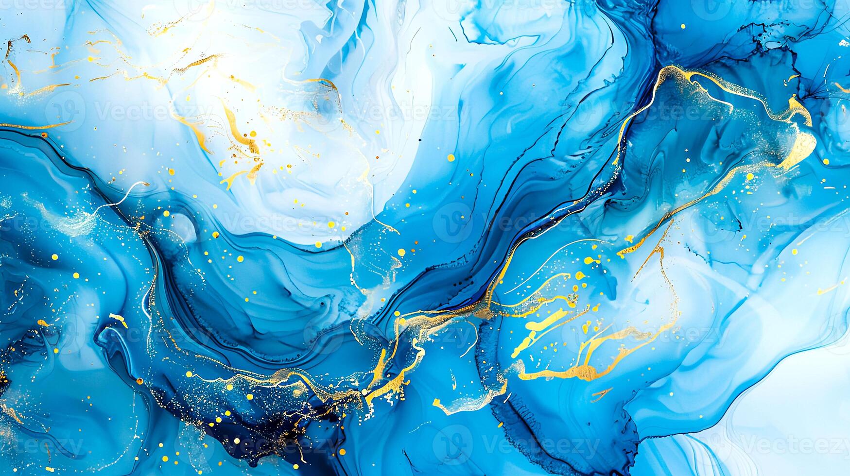 Modern blue and gold abstract marble background with turquoise accents, featuring fluid liquid ink swirls and golden glitter waves in a watercolor texture, creating a luxurious and elegant composition photo