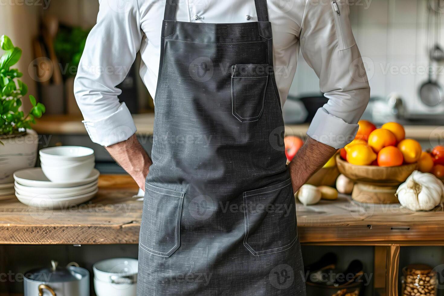 A chef wearing a dark gray linen-cotton apron stands in front of kitchen counter photo