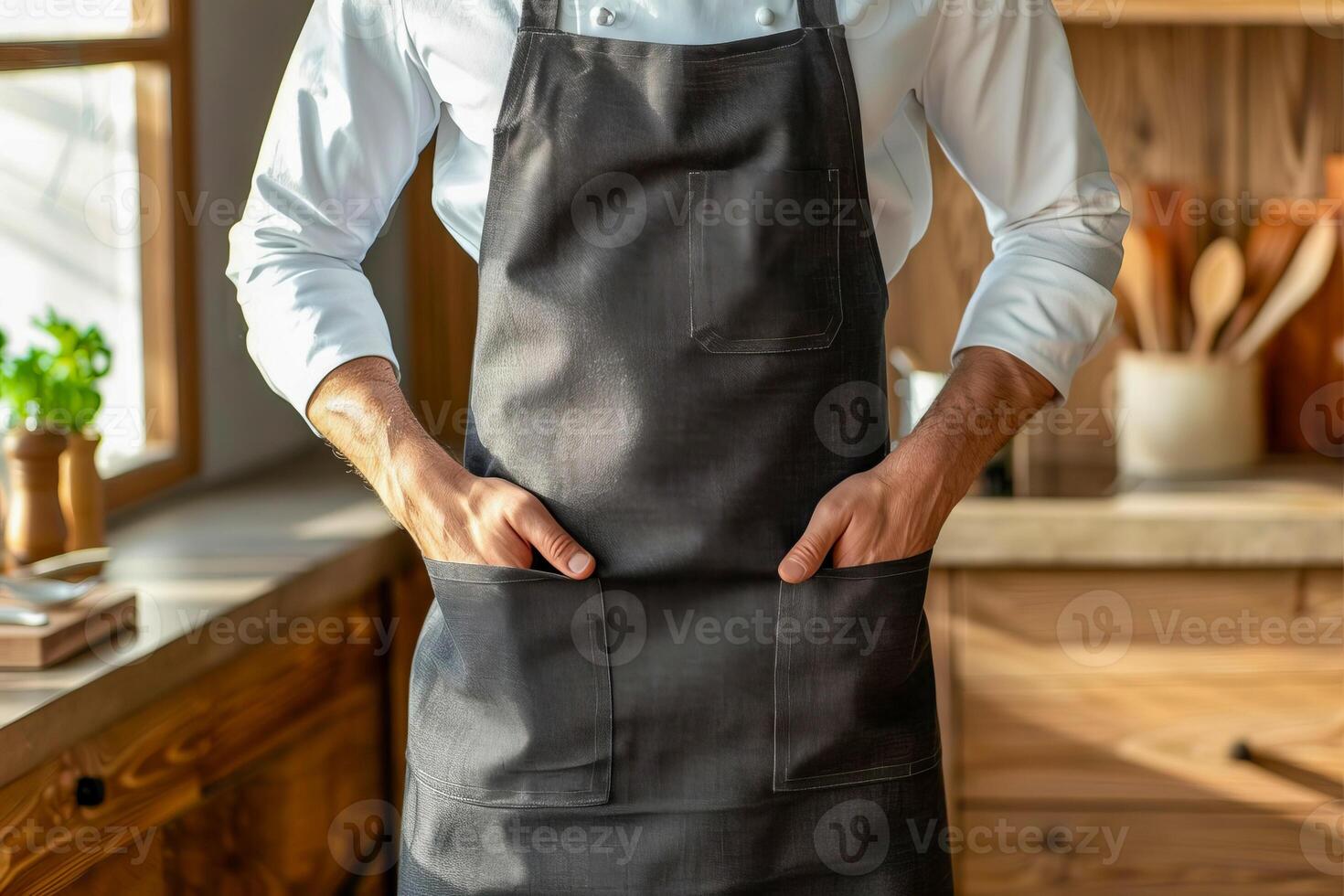 A chef wearing a dark gray linen-cotton apron stands in front of kitchen counter photo