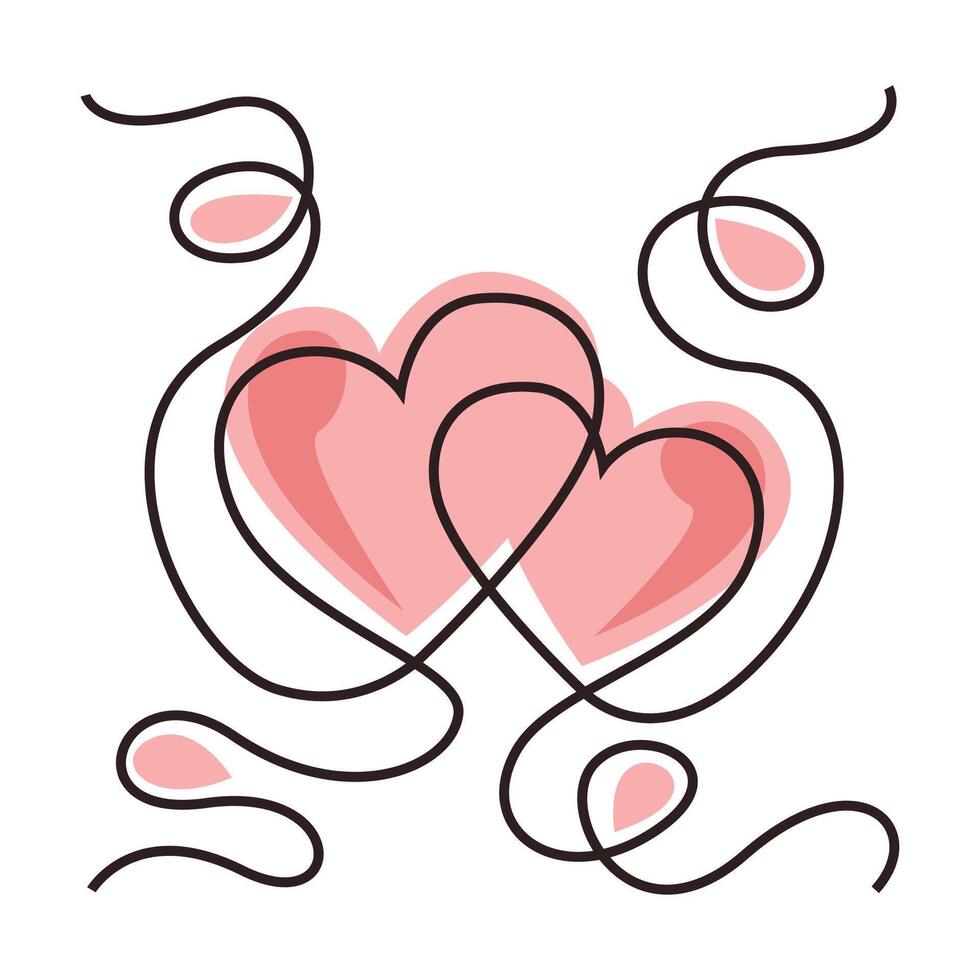 Two Hearts Continuous One Line Drawing. Valentines day concept. Hearts Couple Trendy Minimalist Illustration. Love Minimalist Contour Art. vector