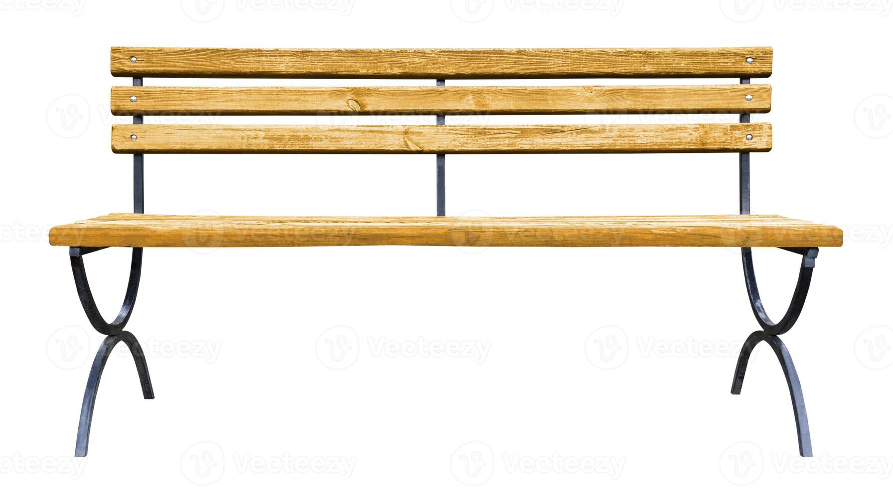 Brown wooden bench with a backrest and a curved metal legs, isolated on white background photo