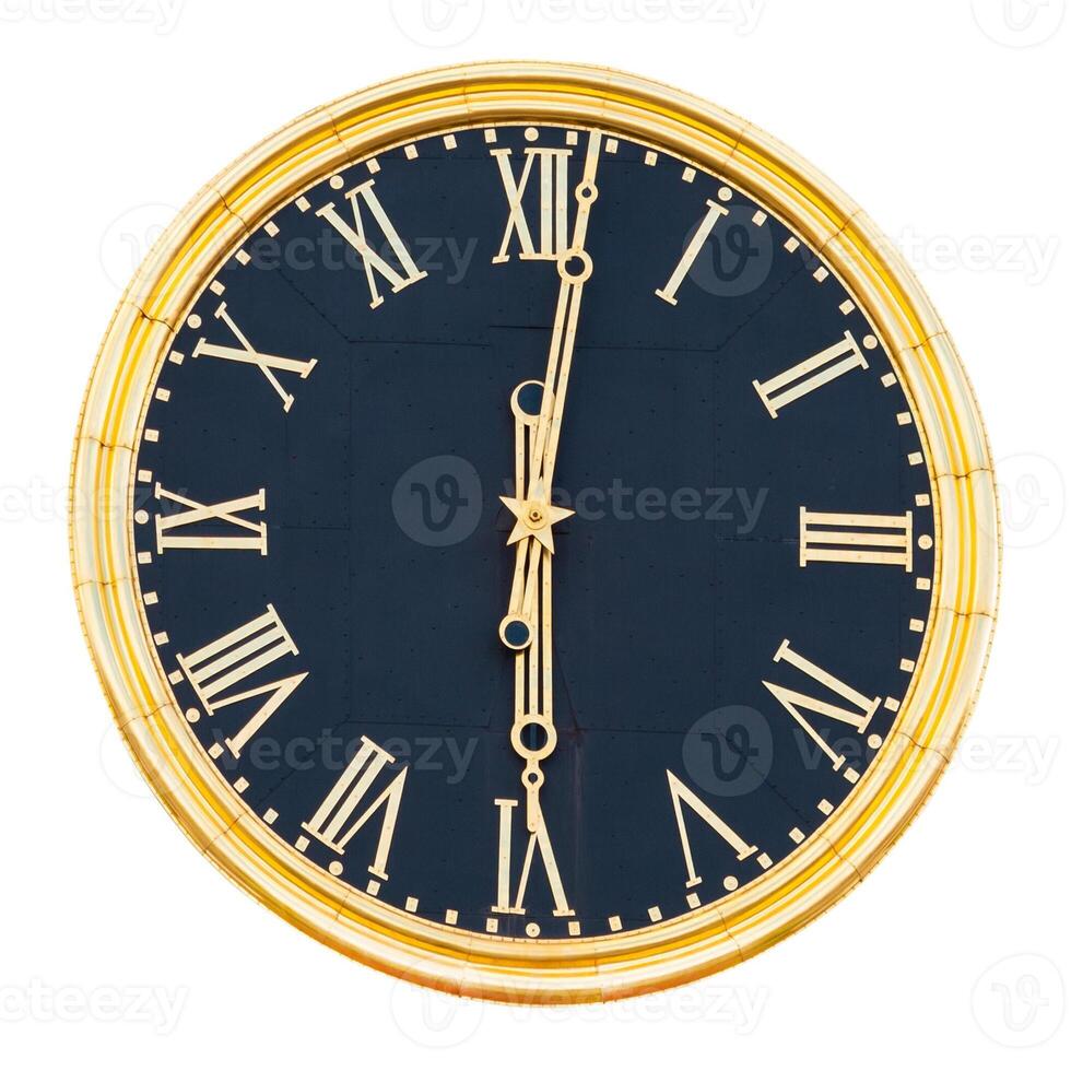 Round wall clock with gilded dial with Roman numerals and hands, isolated on a white background photo