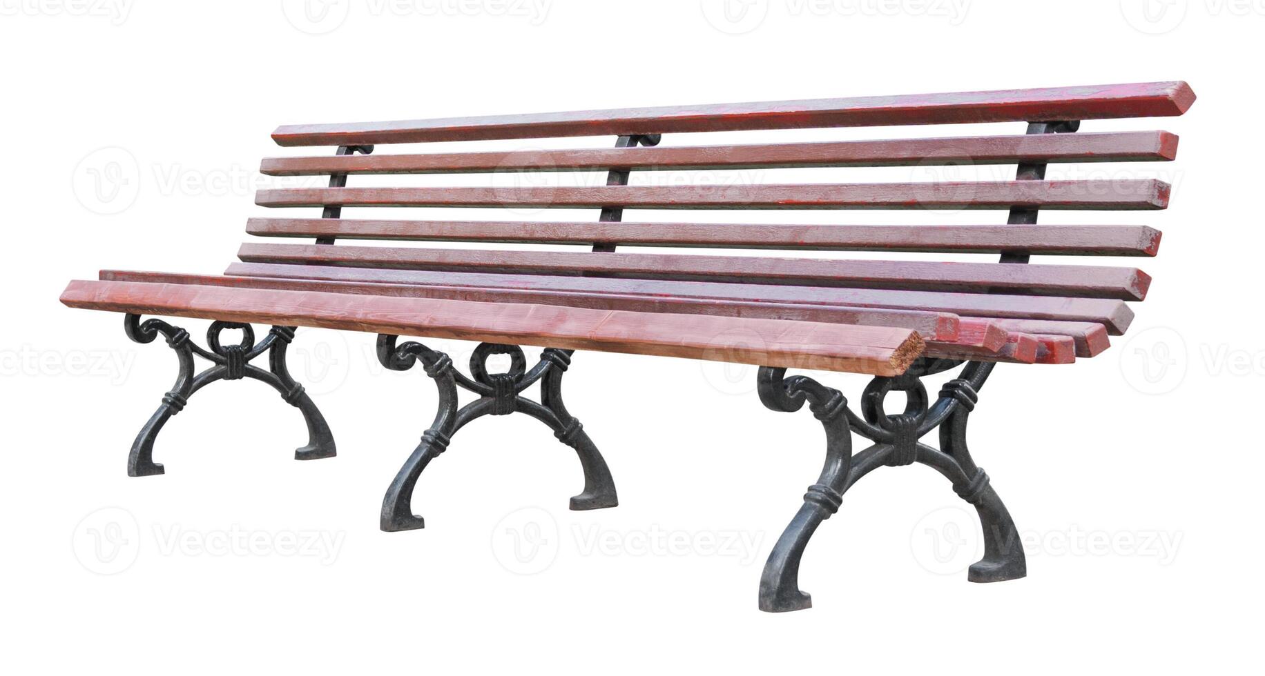 Perspective view on a length brown wooden bench with curved wrought legs, isolated on a white background photo