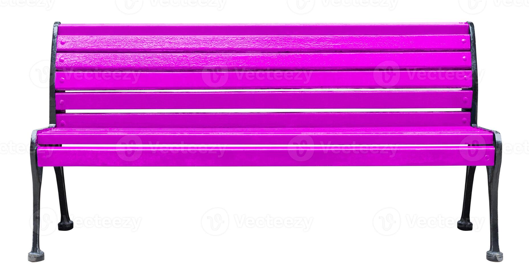 Colored wooden bench painted in purple with metal legs, isolated on a white background photo