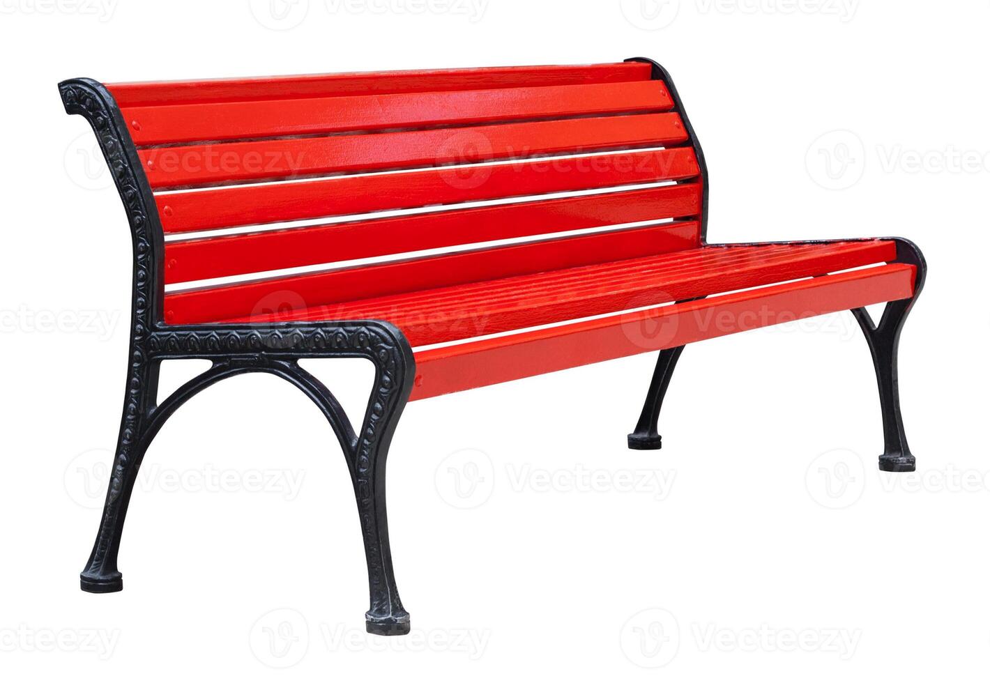 Perspective view on a colorful wooden bench painted in red with black metal legs, isolated on a white background photo