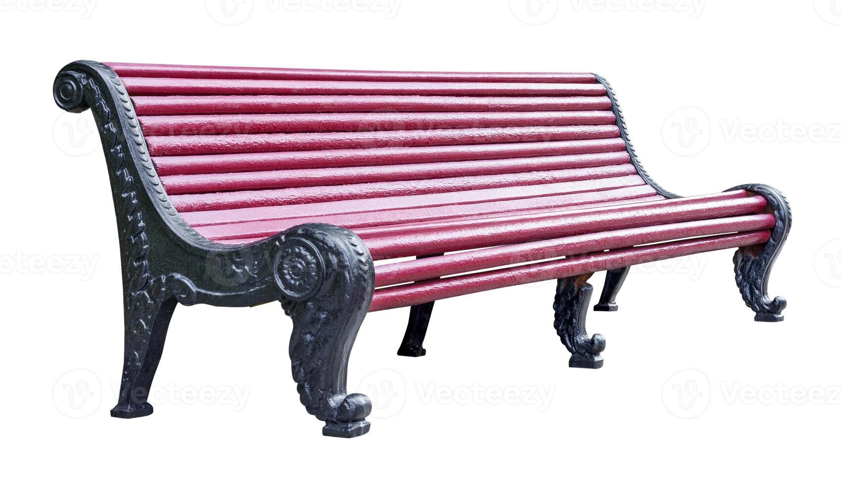 Perspective view of a long brown wooden bench with black metal legs, isolated on a white background photo