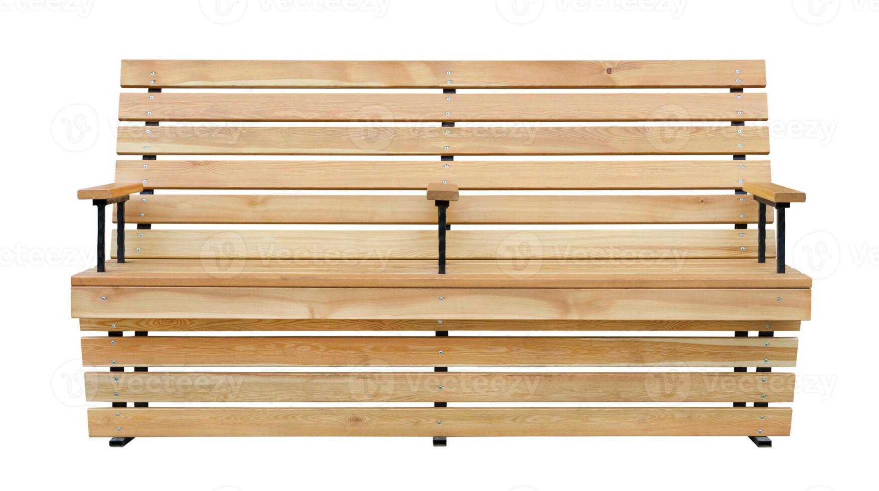 Front view on a wooden plank bench, isolated on a white background photo