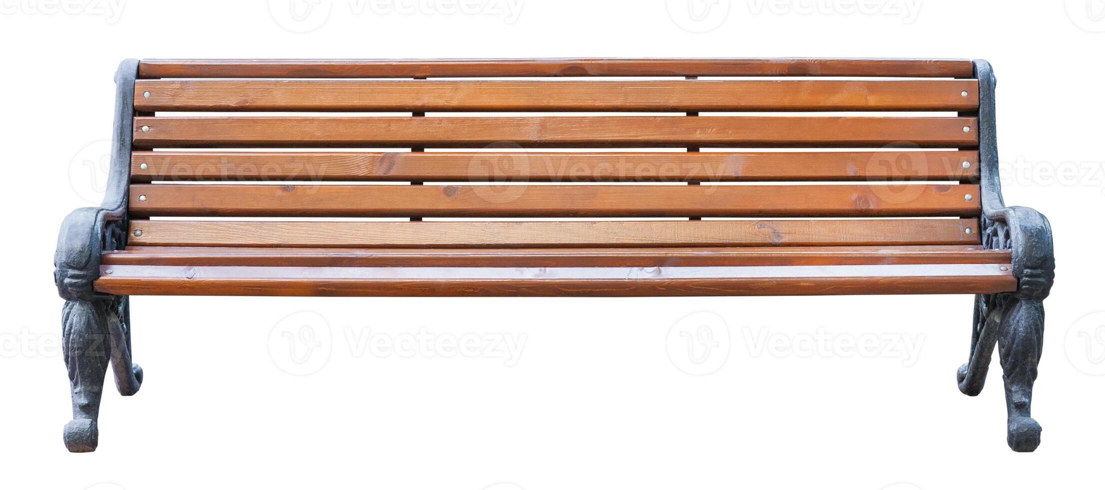 Front view on a brown wooden bench with black metal legs, isolated on a white background photo