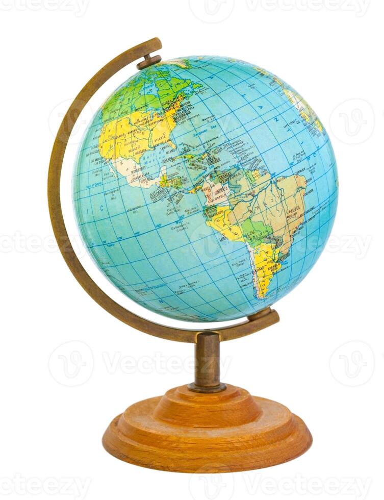 Globe on a wooden stand with visible western hemisphere isolated on a white background photo
