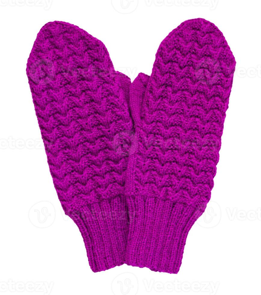 Violet knitted mittens in the form of a heart isolated on a white background photo