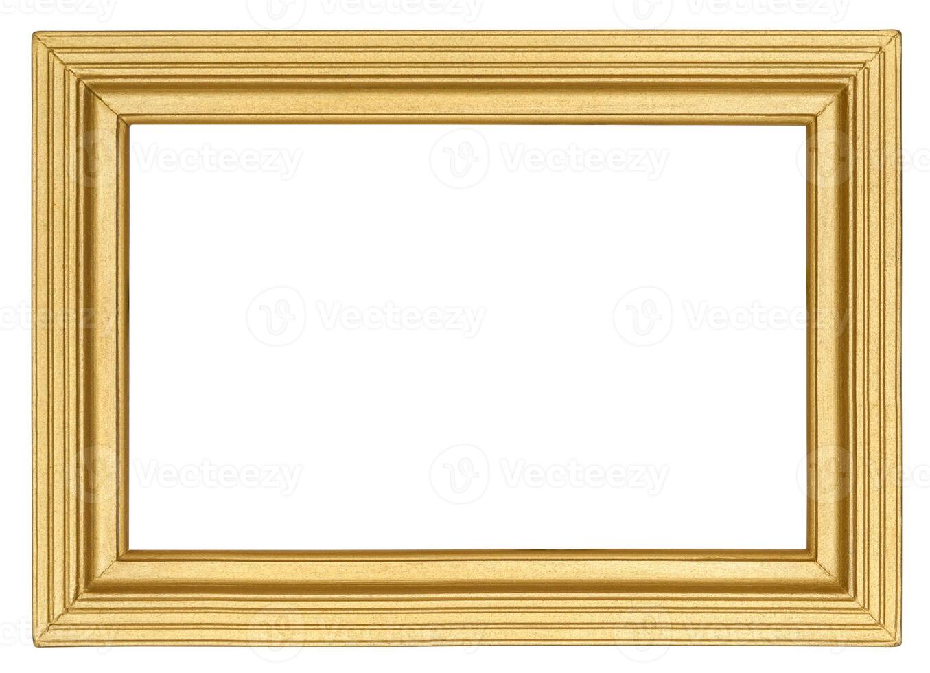 Golden wooden picture frame with carved linear pattern in retro style isolated on white background photo