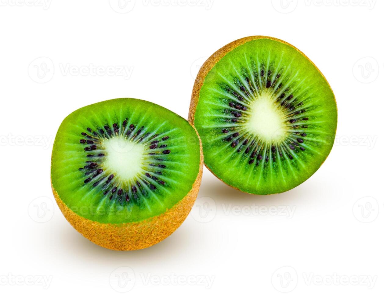 Two halves of kiwi fruit isolated on a white background with shadows photo