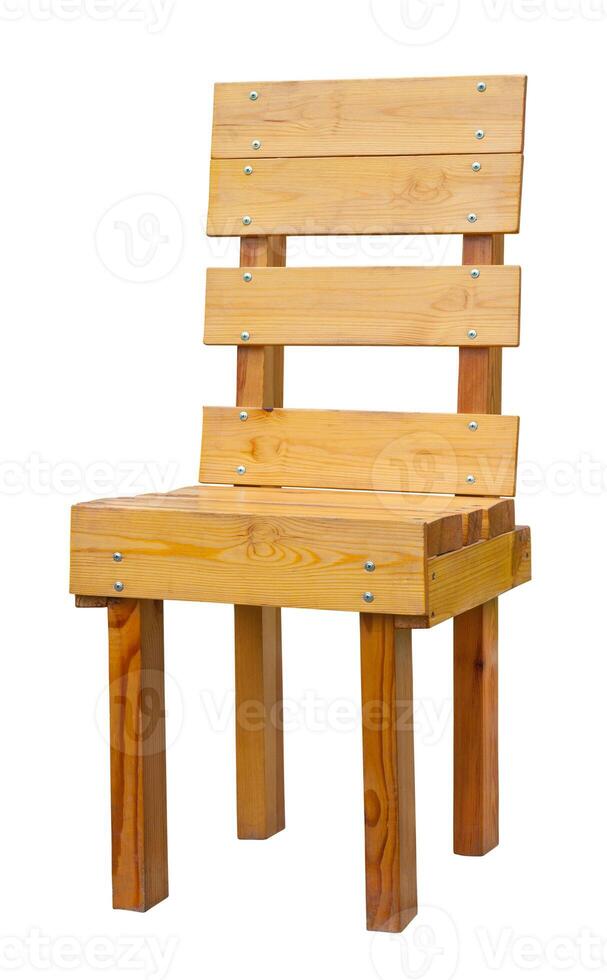 Three-quarter view on a handwork brown rural wooden chair isolated on a white background photo